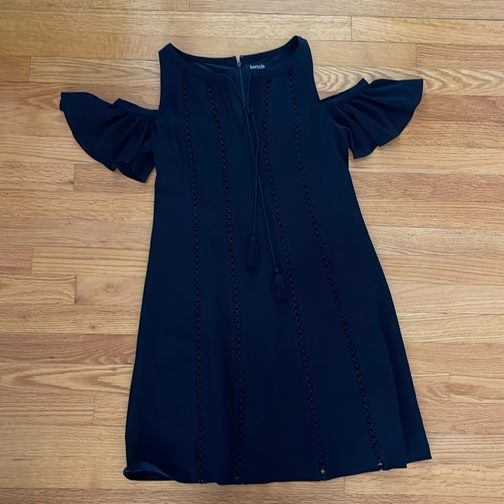 Kensie Brand size 4 black off the shoulder cap sleeve dress.